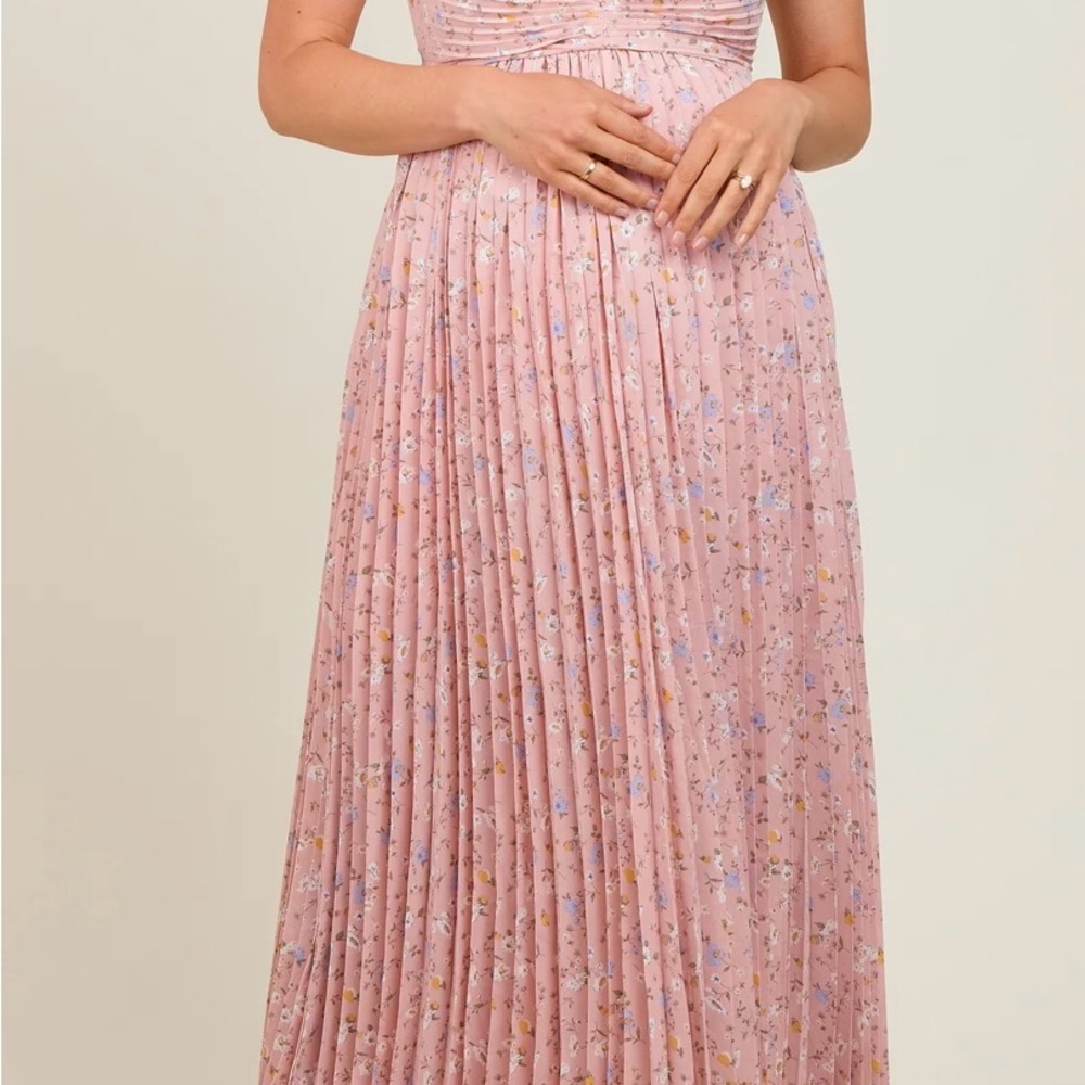 Light Pink Floral Pleated Back Cutout Maternity Maxi Dress Size Medium M